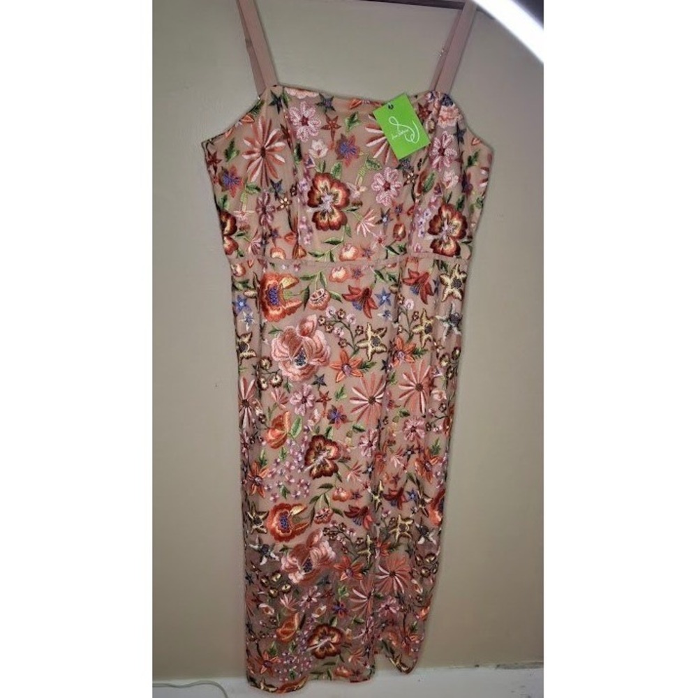Sam Edelman Multi Floral Embroidery Midi Dress Nude Pink Sheath M60264 Size 16